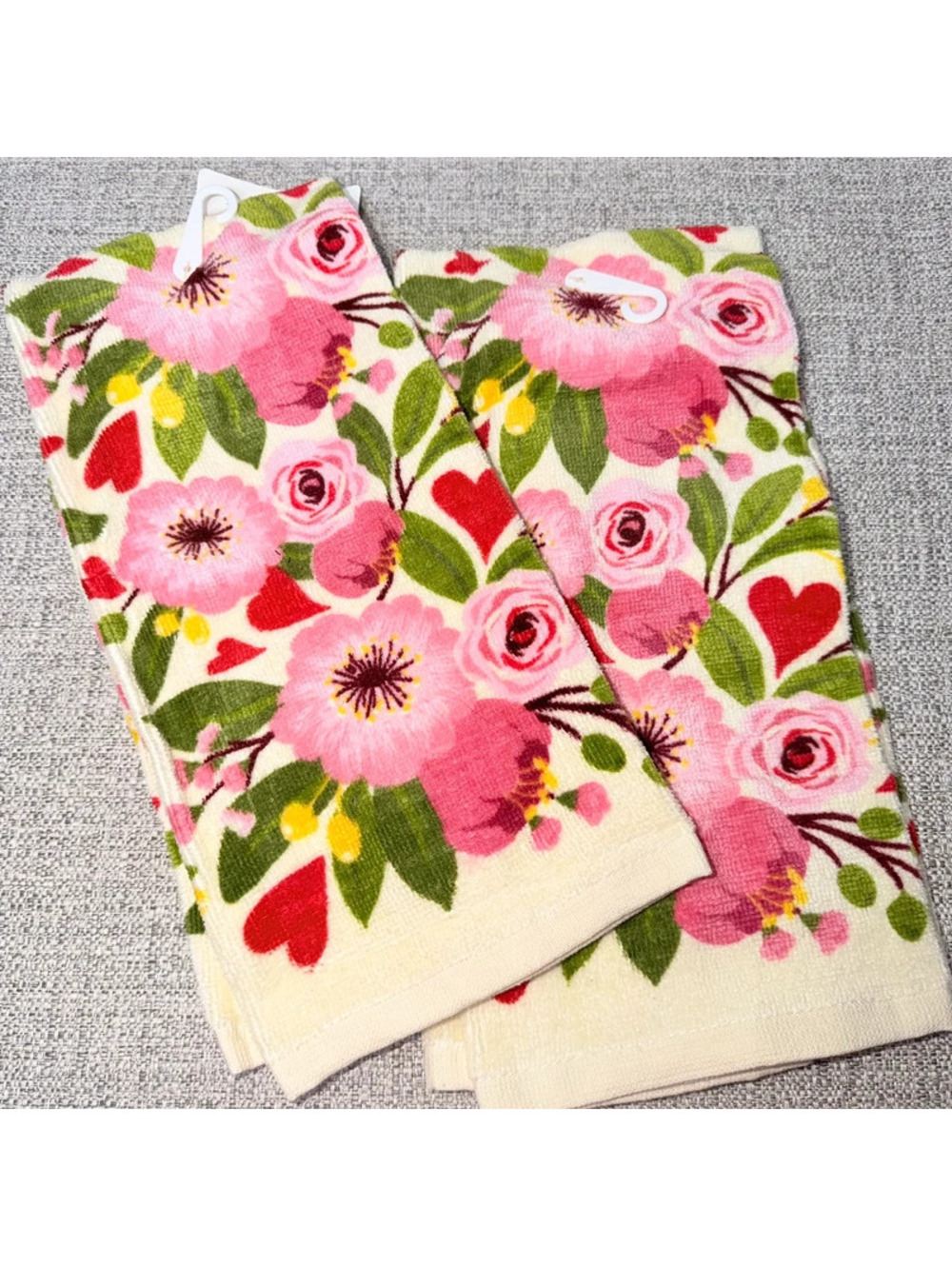 Floral Kitchen Towels Pink Roses Red Hearts Spring Hand Towels 2x